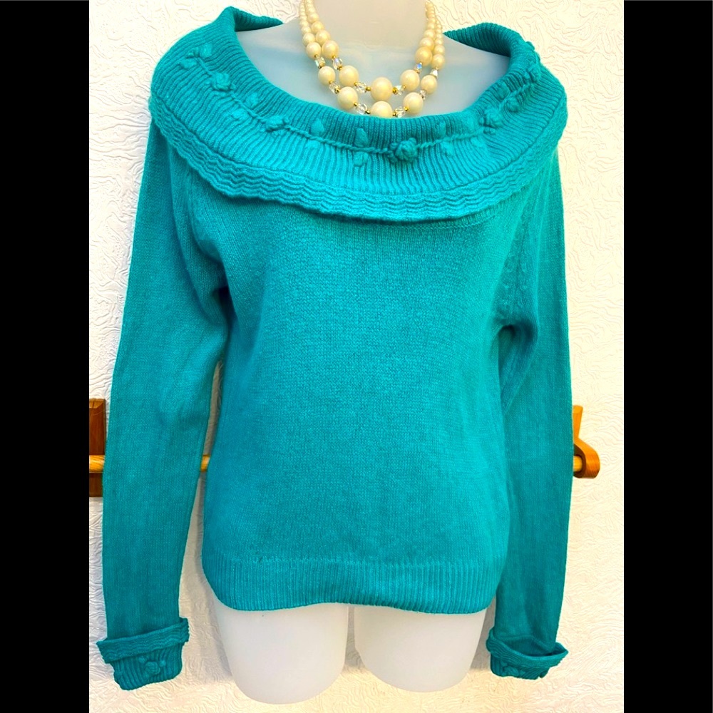 Vintage Teal Rosebud Cowl-neck Silk Angora Sweater